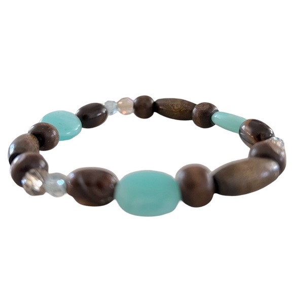 Turquoise Stone and Brown Wooden Beaded Stretch Bracelet - Picture 2 of 5
